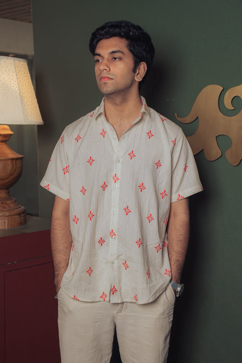 Beige Floral Stripe Shirt